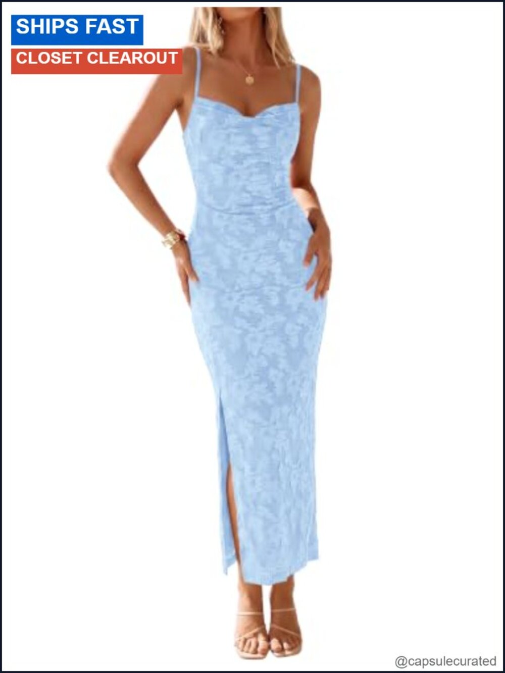 Women's Spaghetti Strap Cowl Neck Floral Bodycon Maxi Dress with Slit